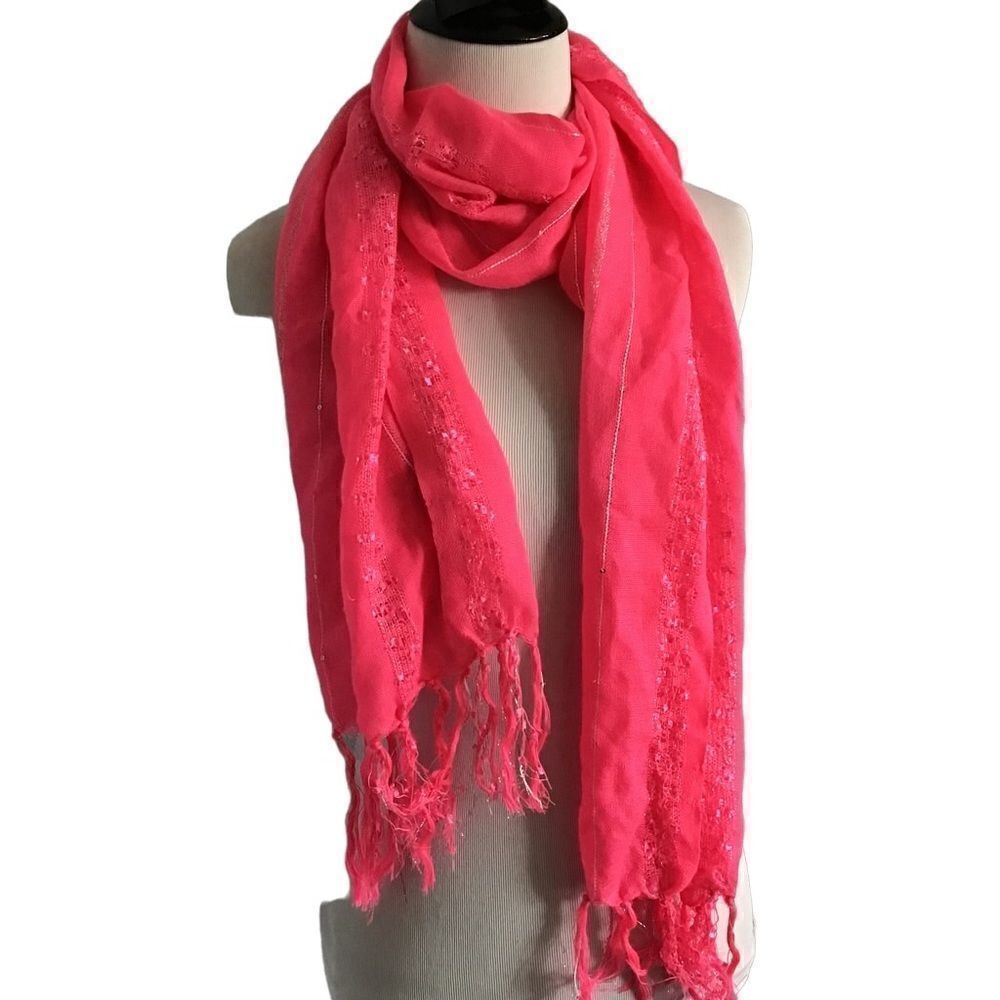Hot Pink Fringe Scarf with Silver Threads - Picture 3 of 6
